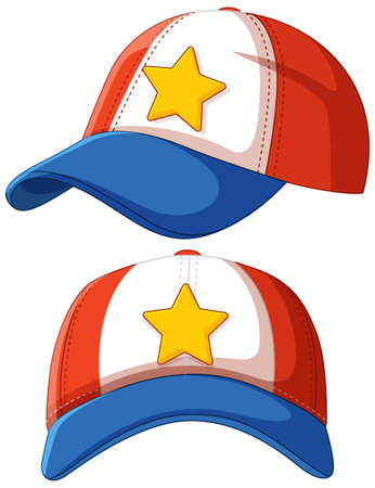 Vector illustration of two vibrant baseball caps with a star motif. Bold colors and clean lines enhance the playful designのイラスト素材