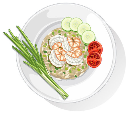 Vector illustration of a Thai shrimp dish with cucumbers, tomatoes, and green onions. Clean lines and vibrant colors enhance the compositionのイラスト素材