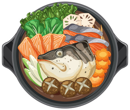 Vector illustration of a Japanese hot pot filled with vibrant vegetables, salmon, and mushrooms in a detailed, colorful styleのイラスト素材