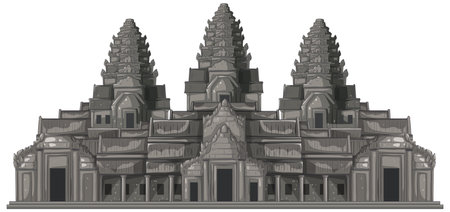 Detailed vector illustration of Angkor Wat, showcasing its architectural grandeur with a monochromatic color scheme and symmetrical compositionのイラスト素材