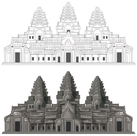 Detailed vector illustration of Angkor Wat in monochrome, showcasing architectural precision and symmetry. Ideal for educational and cultural projectsのイラスト素材