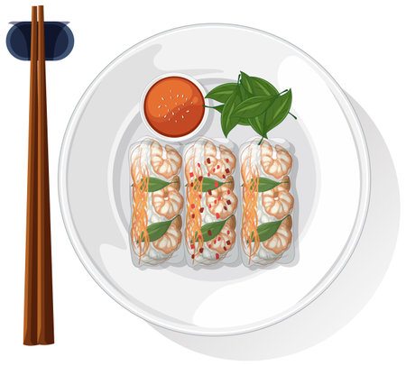 Vector illustration of fresh spring rolls on a plate with chopsticks. Vibrant colors and detailed textures enhance the compositionのイラスト素材
