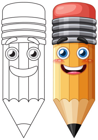 A vibrant vector illustration of a cheerful pencil character with expressive eyes and a friendly smile, showcasing color and outline versionsのイラスト素材