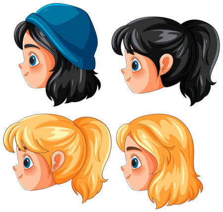 Four cartoon girls with diverse hairstyles and colorsのイラスト素材