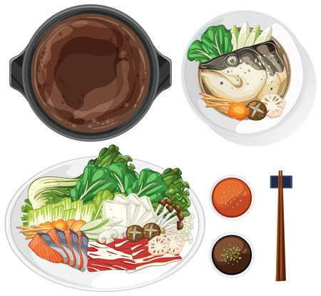 Vector illustration of Asian hot pot ingredients with fish, vegetables, and sauces. Vibrant colors and detailed composition enhance culinary appealのイラスト素材