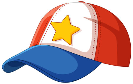 Vector illustration of a vibrant baseball cap with a star emblem. Features bold colors and dynamic shadingのイラスト素材