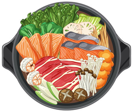 Vibrant vector illustration of an Asian hot pot with fresh ingredients. Detailed composition with rich colors and diverse texturesのイラスト素材