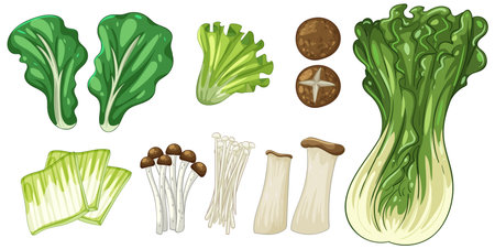 Vector illustration of Asian vegetables and mushrooms with vibrant colors and detailed textures, ideal for culinary-themed designsのイラスト素材