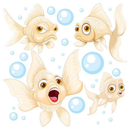 Vector illustration of animated goldfish with expressive faces surrounded by bubbles, showcasing vibrant colors and playful compositionのイラスト素材