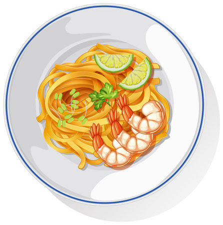 Top view of a vibrant Asian noodle dish with shrimp, lime, and herbs on a white plateのイラスト素材