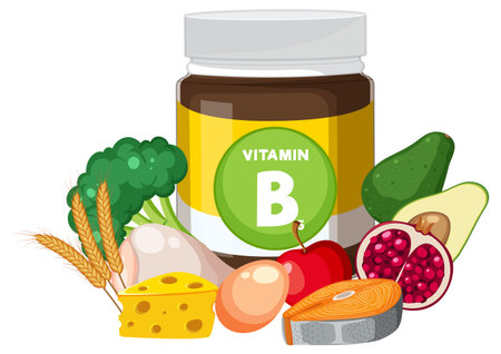 Vector illustration of a Vitamin B jar surrounded by healthy foods like broccoli, salmon, eggs, cheese, grains, avocado, and fruit in flat designのイラスト素材
