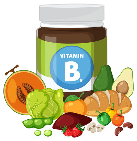 Vector illustration of a Vitamin B9 supplement jar surrounded by folate-rich foods in a colorful, flat design style with clean compositionのイラスト素材