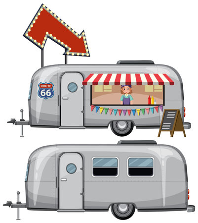 Vector illustration of a vintage food truck with vibrant colors and retro signage, capturing a nostalgic Route 66 vibeのイラスト素材