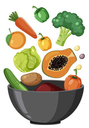 Colorful vector illustration of assorted vegetables and fruits dropping into a dark bowl, with clean lines, flat colors, and white backgroundのイラスト素材
