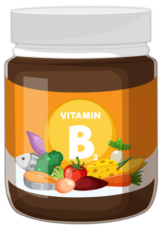 Vector illustration of a Vitamin B2 supplement jar with colorful foods like fish, cheese, vegetables, and grains in flat design styleのイラスト素材