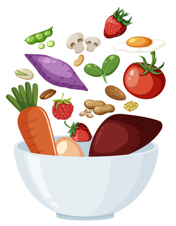 Colorful vector illustration of assorted vegetables, fruits, nuts, and egg dynamically falling into a white bowl, with clean lines and flat colorsのイラスト素材