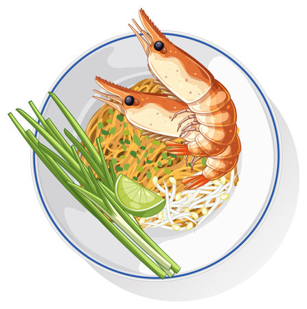 Colorful vector illustration of a Thai noodle bowl with shrimp, lime, and greens. Clean lines and vibrant colors enhance the compositionのイラスト素材