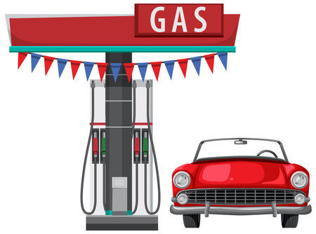 Vector illustration of a vintage gas station and classic red convertible. Bright colors and clean lines create a nostalgic feelのイラスト素材