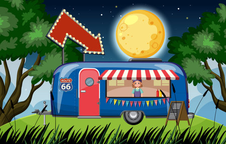 Colorful vector illustration of a food truck vendor at night, illuminated by a large moon and marquee arrow, surrounded by trees and grassのイラスト素材