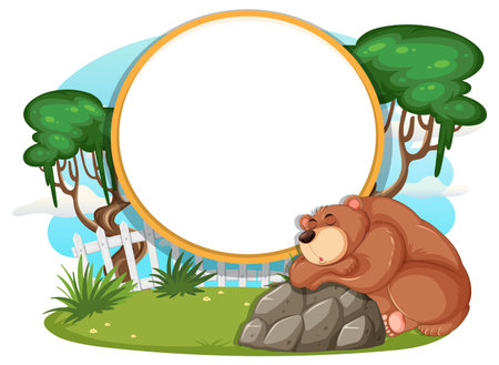 Illustration of a bear sleeping peacefully near trees and rocks frameのイラスト素材