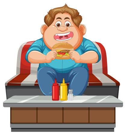 Cartoon man sitting on a couch, holding a burger. Bright colors, playful style, ketchup and mustard on tableのイラスト素材