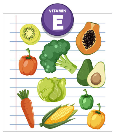 Colorful vector illustration of various fruits and vegetables high in vitamin E, arranged on lined paper with flat, cartoon-style design elementsのイラスト素材