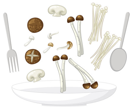 Vector illustration of various mushrooms dropping onto a white plate, with fork and spoon, clean background, flat style, neutral color paletteのイラスト素材
