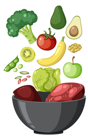 Colorful vector illustration of assorted vegetables and fruits hovering above a dark bowl, rendered in flat style with clean lines and vibrant colorsのイラスト素材