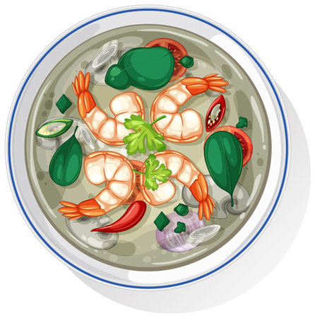 Top-down view of a vibrant shrimp soup with herbs and vegetables in a vector styleのイラスト素材