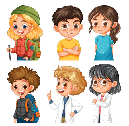 Vector illustration of six cartoon children in diverse outfits, showcasing vibrant colors and playful expressionsのイラスト素材