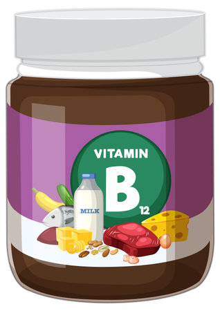 Vector illustration of a vitamin B12 supplement jar, labeled with food sources like milk, cheese, meat, and vegetables in flat designのイラスト素材