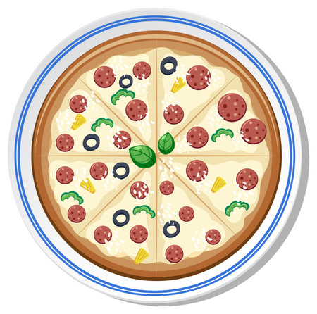 Colorful vector illustration of a pizza with toppings on a white plate. Clean lines and vibrant colors enhance the visual appealのイラスト素材