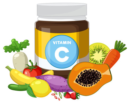 Vector illustration of a vitamin C supplement jar surrounded by colorful fruits and vegetables in a flat, clean, and vibrant styleのイラスト素材
