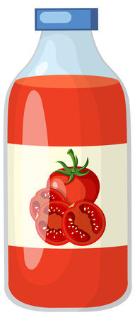 Vector illustration of a glass bottle filled with tomato juice, featuring a label with sliced tomatoes, clean lines, and bright colorsのイラスト素材