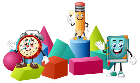 Colorful vector illustration of animated school supplies and geometric shapes. Features vibrant colors and playful characters in a fun compositionのイラスト素材