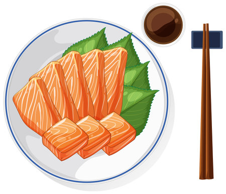Detailed vector illustration of salmon sashimi on a plate with chopsticks and soy sauce. Vibrant colors and realistic styleのイラスト素材
