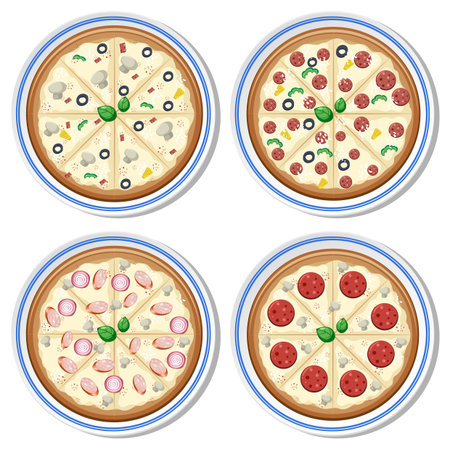 Vector illustration of four different pizzas on plates, showcasing diverse toppings and vibrant colors in a top-down viewのイラスト素材