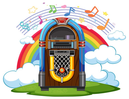 Colorful vector illustration of a vintage jukebox surrounded by a rainbow, clouds, and musical notesのイラスト素材