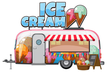 Retro ice cream truck illustration with large ice cream sign, pastel colors, striped awning, and decorative cones in a flat cartoon styleのイラスト素材