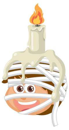 Vector illustration of a smiling childÃ¢ÂÂs head wrapped in white bandages, topped with a lit candle and melting wax, in a playful cartoon styleのイラスト素材