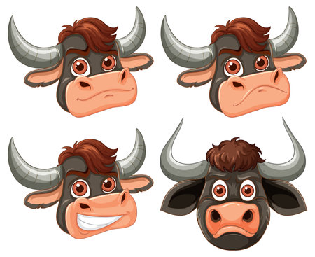 Vector illustration of four cartoon buffalo heads showing different facial expressions, with bold outlines, vibrant colors, and a clean white backgroundのイラスト素材