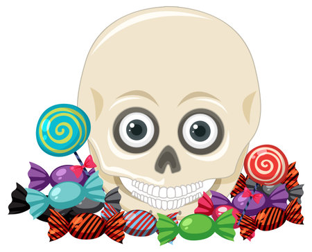 Vector illustration of a wide-eyed cartoon skull behind assorted wrapped candies and lollipops, using bold outlines and vibrant colors on white backgroundのイラスト素材