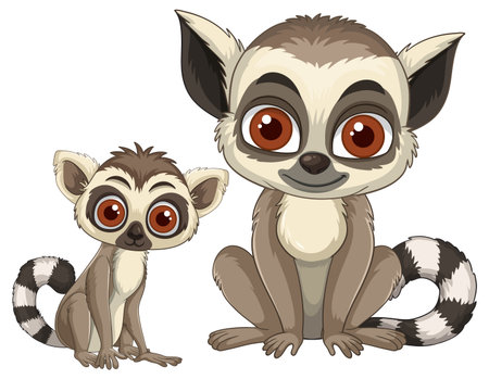 Two stylized ring-tailed lemurs with exaggerated eyes sit side by side, rendered in a clean, colorful vector illustration with white backgroundのイラスト素材