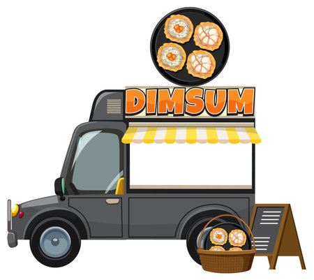 Vector illustration of a dim sum food truck with a striped awning, basket of dim sum, menu board, and overhead dish on white backgroundのイラスト素材
