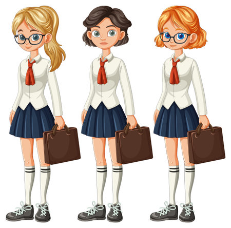 Three cartoon schoolgirls stand side by side in matching uniforms, holding brown briefcases, with detailed hair and expressive faces in vector styleのイラスト素材