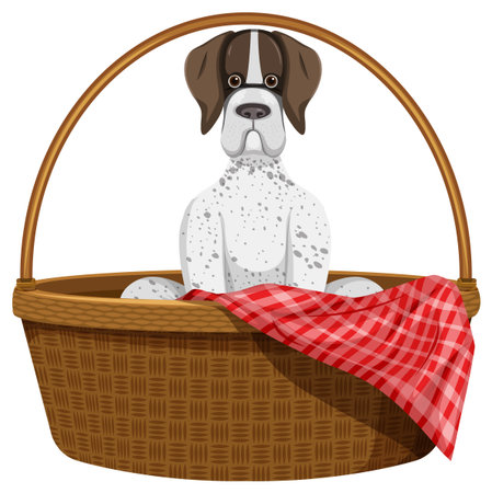 Vector illustration of a spotted Boxer puppy sitting upright in a woven wicker basket with a red checkered cloth, isolated on white backgroundのイラスト素材