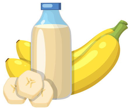 Vector illustration of a banana smoothie bottle with whole bananas and banana slices, using bright colors, clean lines, and flat design styleのイラスト素材