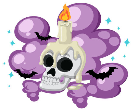 Vector illustration of a skull topped with a melting candle, surrounded by purple smoke, flying bats, and sparkling stars in a cartoon styleのイラスト素材