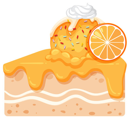 Vector illustration of a cake slice with orange glaze, topped with ice cream, whipped cream, sprinkles, and an orange slice. Bright, flat styleのイラスト素材