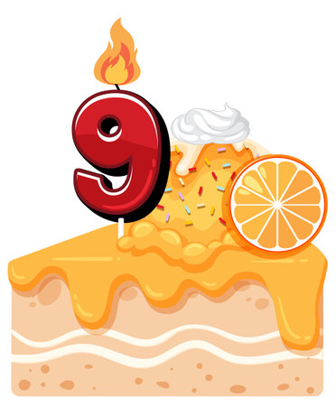 Vector illustration of a cake slice with orange glaze, number nine candle, whipped cream, sprinkles, and orange slice, in a bright cartoon styleのイラスト素材